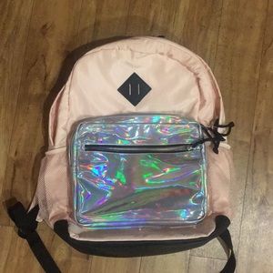 baby pink backpack with hologram pouch